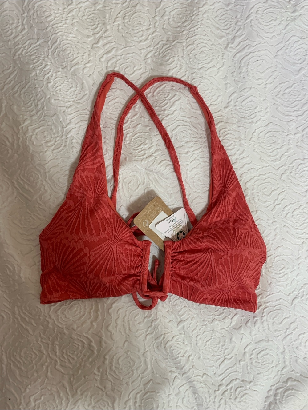 NWT BERLOOK Textured Tie-Front Red Bikini Top, Size L